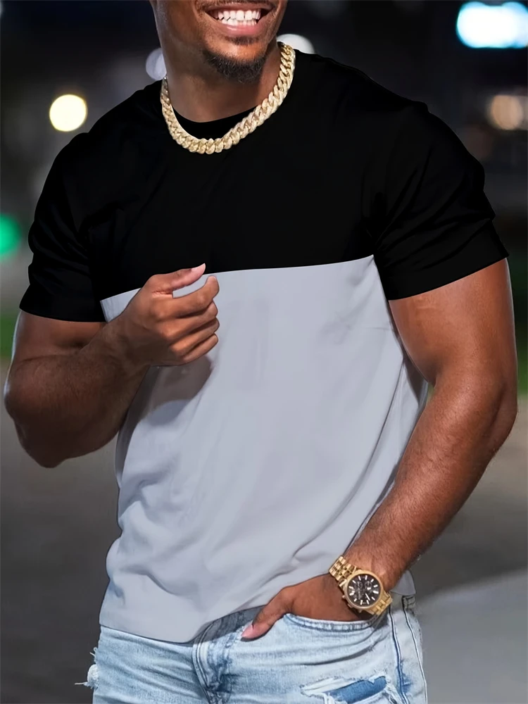 

Новая модная мужская футболка, повседневная футболка с двухцветным принтом, летняя спортивная футболка с короткими рукавами, свободный быстросохнущий пуловер