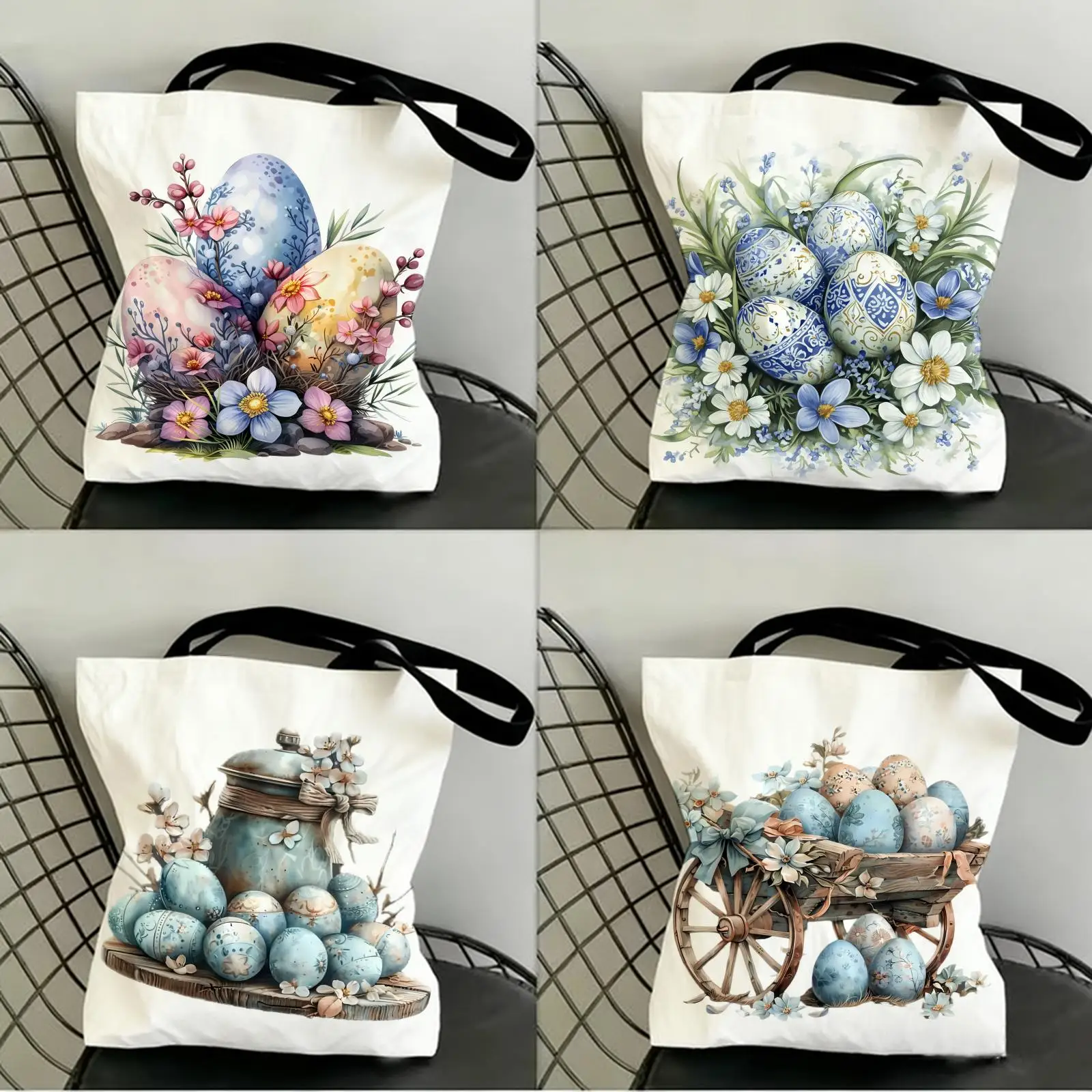 

Easter Egg Storage Bags Canvas Double-Sided Print Shopping Bag Large Capacity Aesthetic Reusable Tote Bag