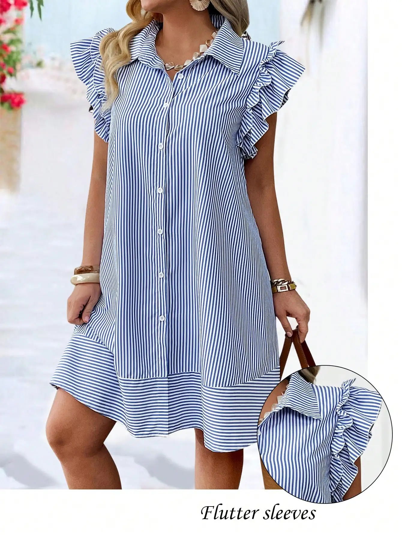 

Blue and White Striped Button-Front Dress with Flutter Sleeves