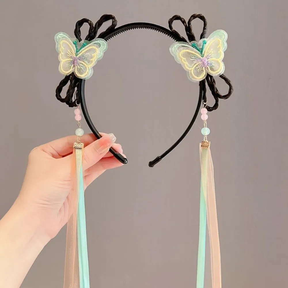 

Chinese Style Butterfly Ribbon Headband Tassel Exquisite Embroidery Girls Hanfu Headwear with Hair Clips Beads
