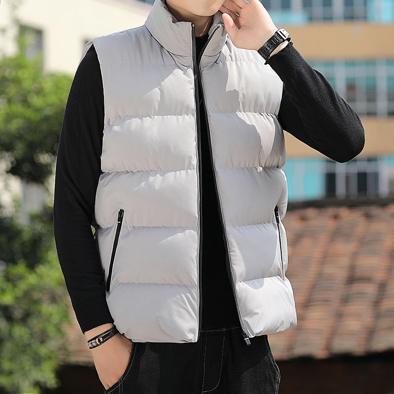 Man New Fashion Solid Color Warm Vest For Autumn And Winter Double Pocket Stand Up Collar Zipper Vest