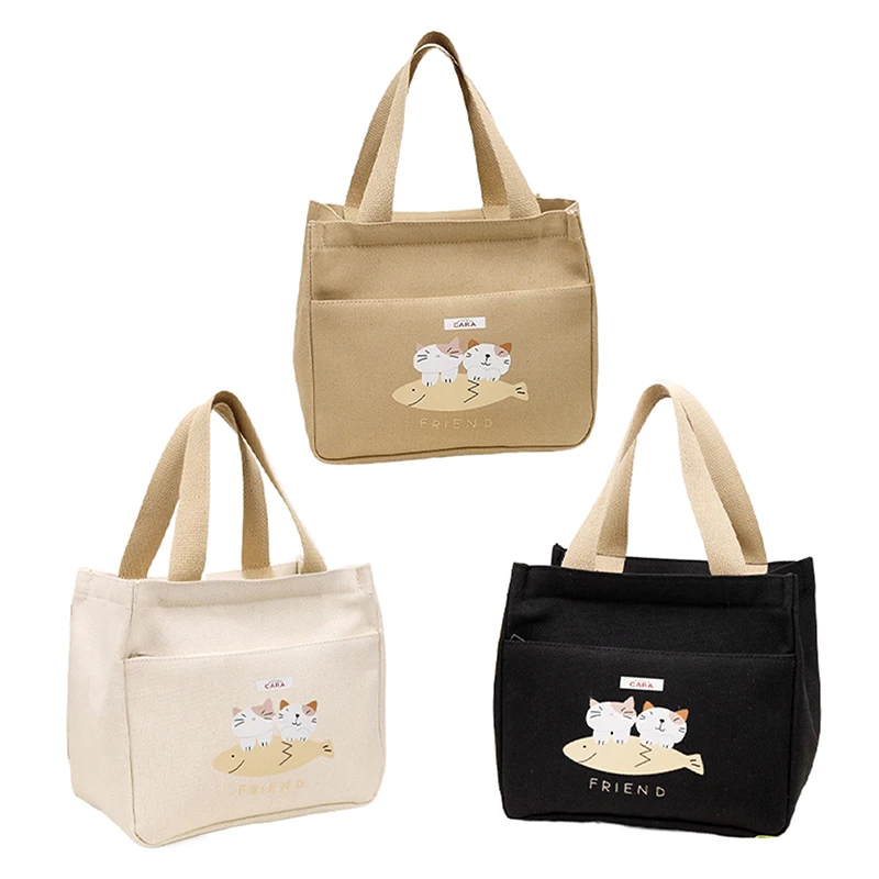 

Cartoon Cute Kitten Small Fish Printed Pattern Canvas Versatile Handbag Office Worker Lunch Picnic Tote Bag