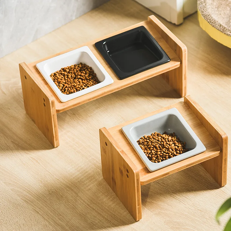 Cat Double Triple Bowls Pet Ceramic Food Water Feeders with Bamboo Stand Elevated Puppy Dogs Drinking Eating Feeding Bowl