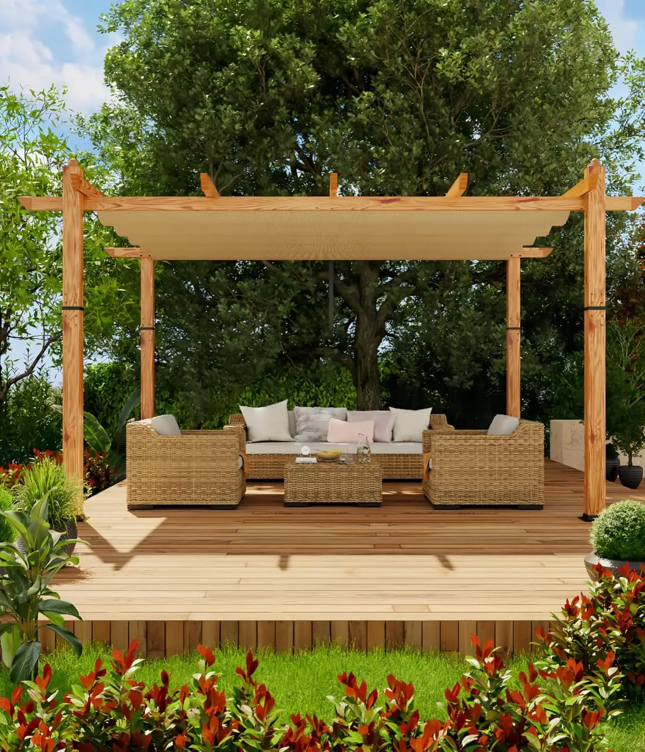 

10' X 13' Aluminum Pergola Faux Wood Outdoor Pergola with Retractable Canopy Metal Pergolas Shelter for Backyard Deck Patio Gard