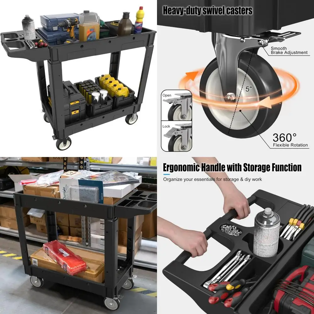عربة أدوات بلاستيكية متدحرجة من طبقتين مع مقبض مريح وأرفف عميقة لتخزين الأدوات وتنظيم مساحة العمل