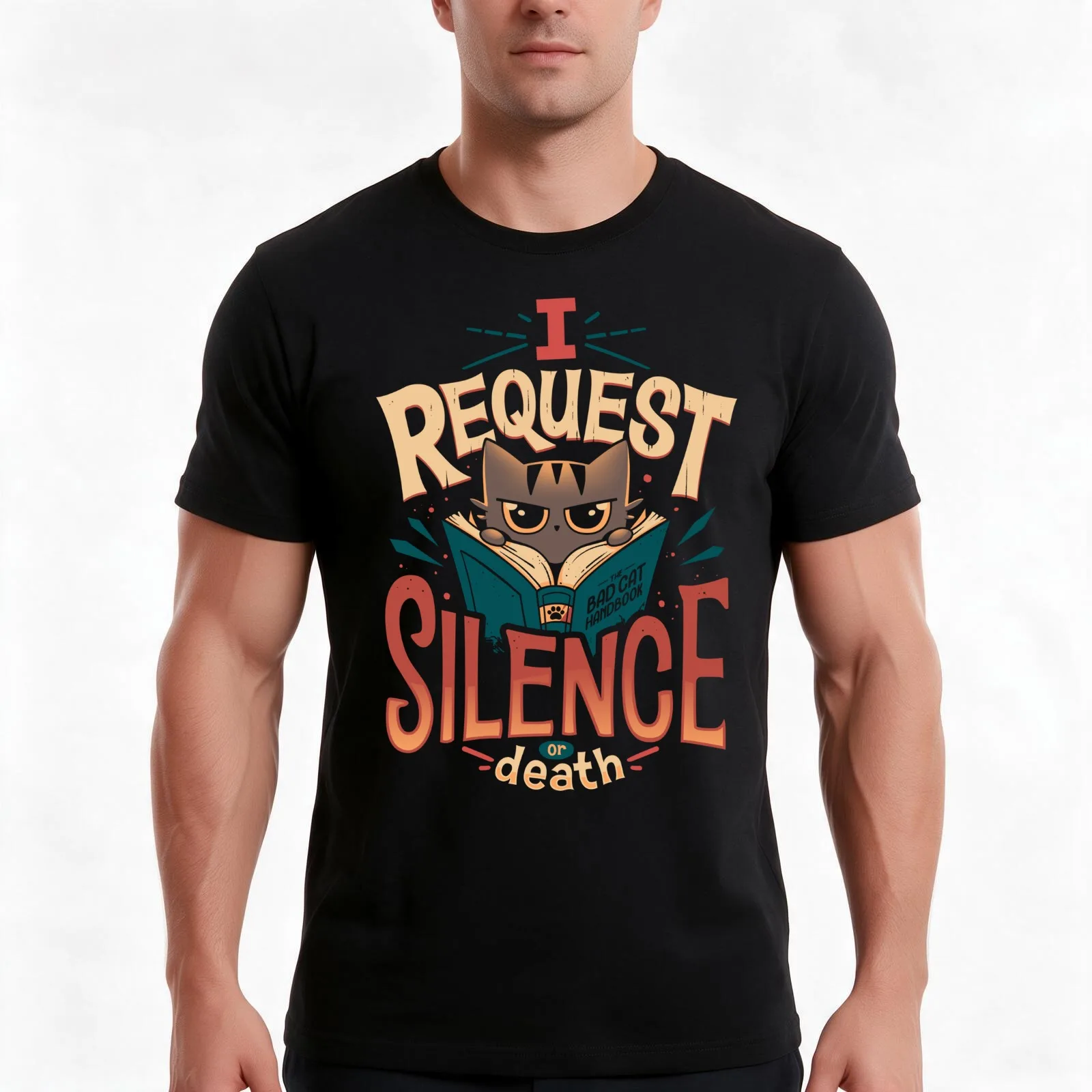 I Request Silence - Bookworm Cat T-Shirt Summer Casual Cotton Tee Oversized Streetwear Tops Vintage Graphic Print