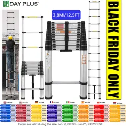 DayPlus Telescopic Ladder with Retractable Steps, Folding Aluminum Home Ladder Scaffolding, Load Capacity 150kg (3.8 m/12.5FT)