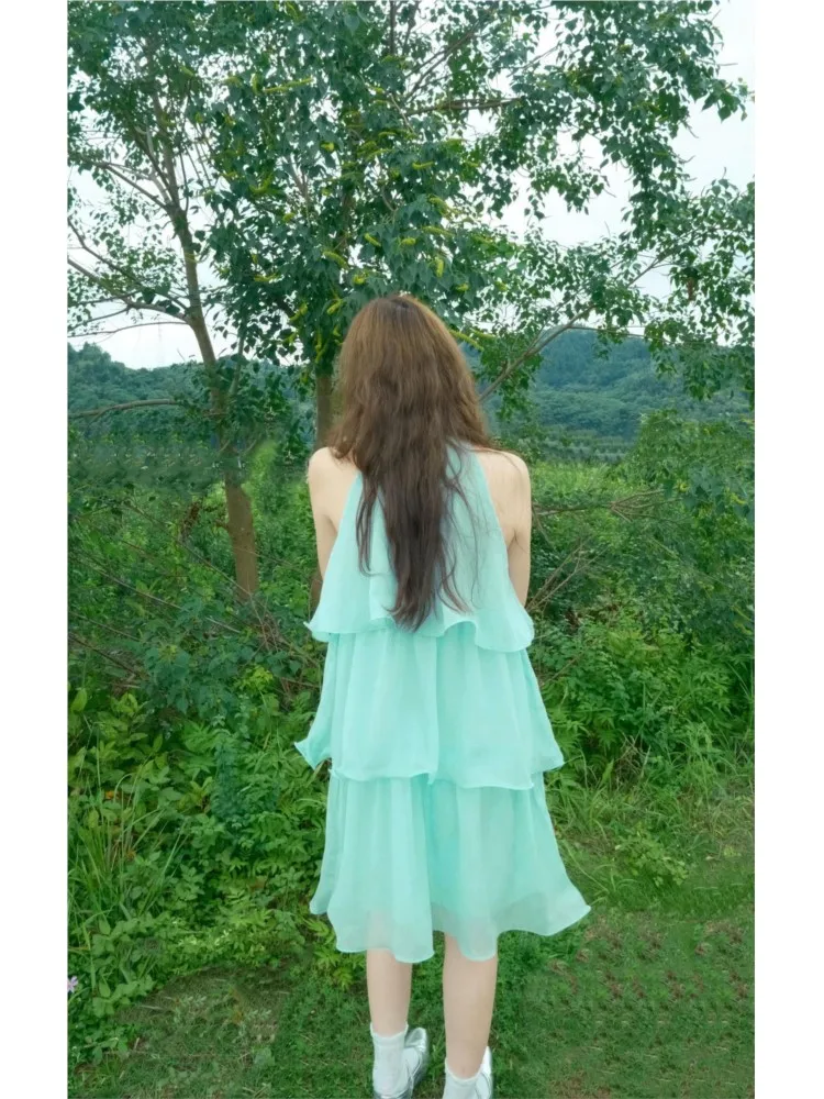 Vestidos para mujer feminino boêmio elegante em camadas plissado mini vestido sem mangas halter pescoço vestido de festa plissado roupa de férias