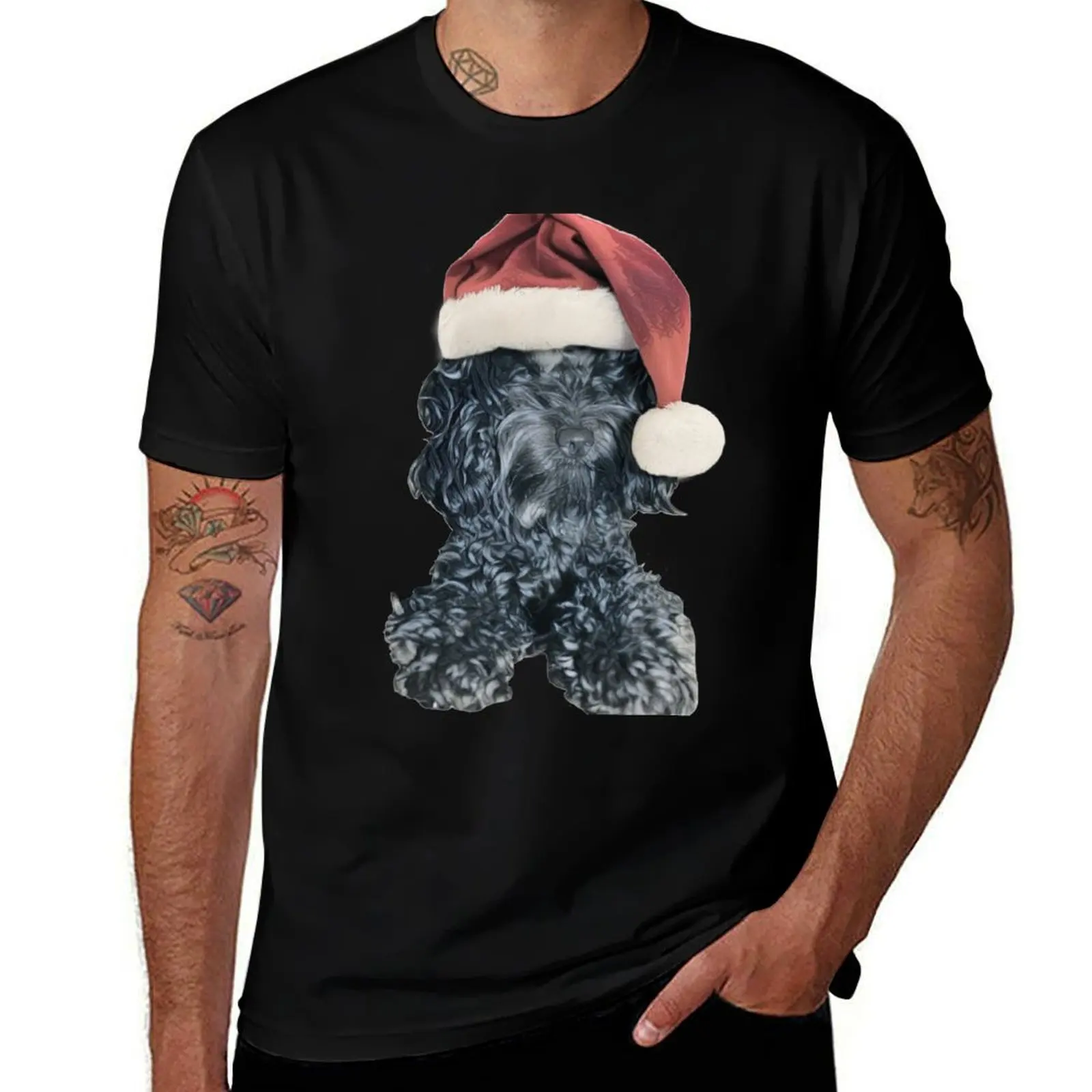 Cockapoo in a Christmas Santa Hat (White) T-Shirt All Match Basic Short Sleeve Top T-Shirt