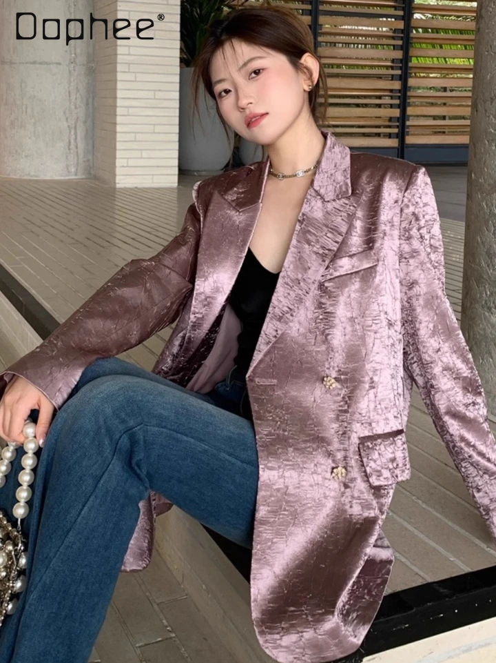 Versatile Gray Pleated Retro Heavy Industry Jacquard Blazer Women Autumn New High-end Loose Casual Suit Office Lady Fashion Top