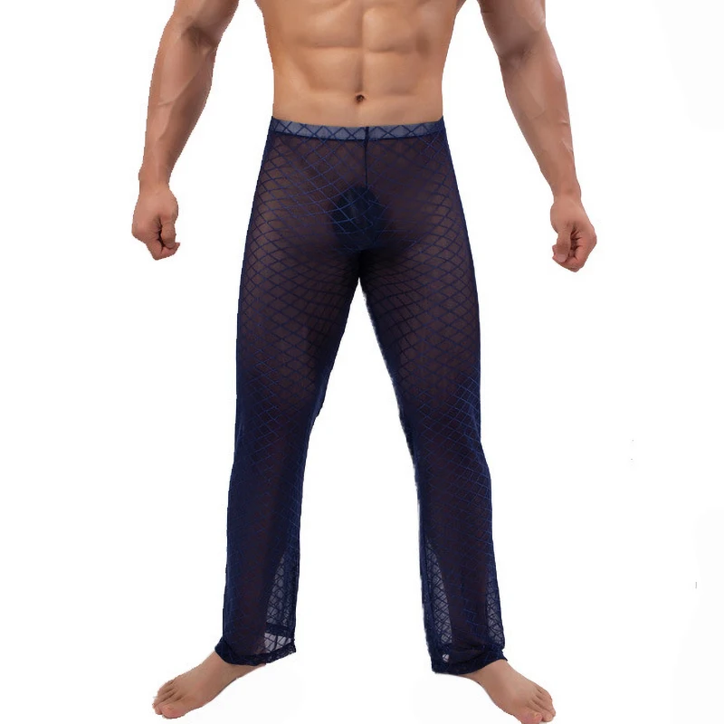 Diamond Pants Sexy Transparent Breathable Mesh Pajamas Trousers Night Wear For Mens Sleepwear Ropa De Dormir Hombre See Through