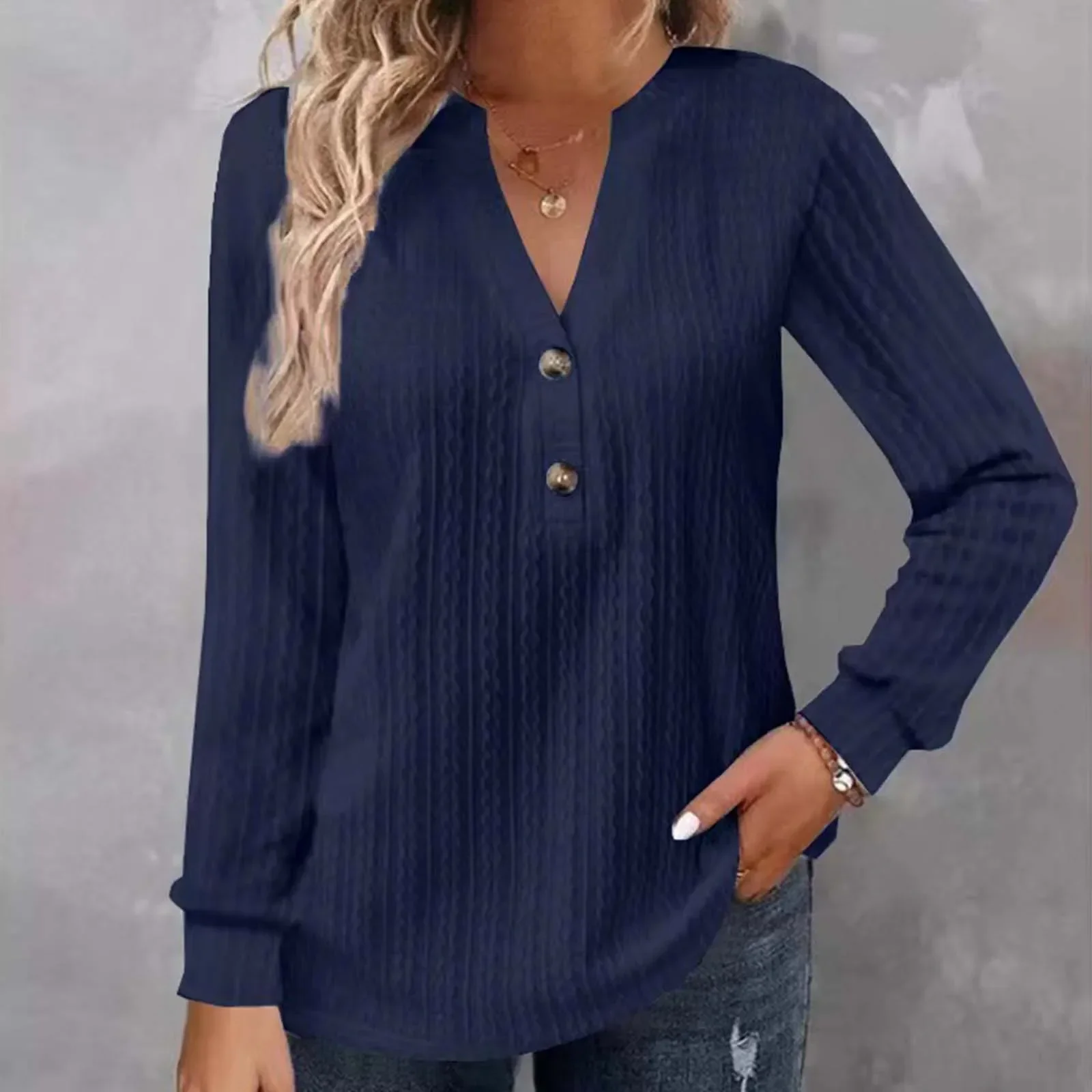 Classic Long Sleeved Shirts Women 2023 Button V Neck Long Sleeve Lady Autumn Large Size Blouse Textured Tops 5XL