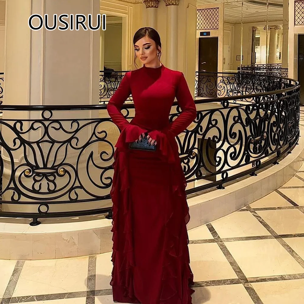 

O-neck Satin Ruffles Sheath Sexy Formal Evening Saudi Gown Backless Court Bridal Evening Gown with Long Sleeve Custom Made