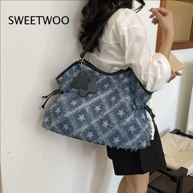 2026 Vintage Star Denim Canvas Underarm Tote Bag Drawstring Design Large Capacity Single Shoulder Purse view 3