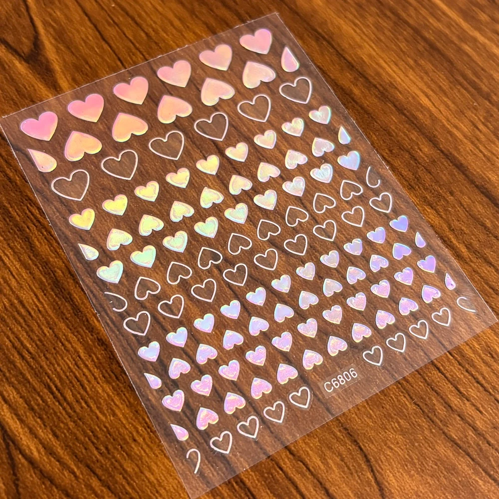 6pcs Laser Silver Pink Heart Nail Art Decals 3D Metallic Silver Effect Love-Heart Nail Stickers For Women Valentine' Nail Decor