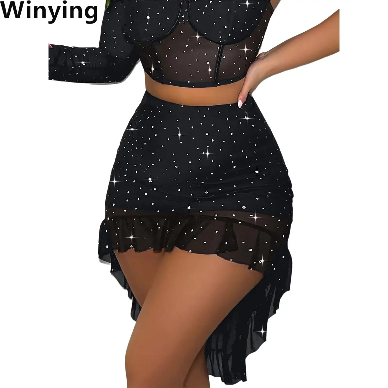 Women Glittery High Waist Miniskirt Raves Clubwear Chic High-low Hem Ruffled Trim Sheer Bodycon Skirt for Party Night Outing
