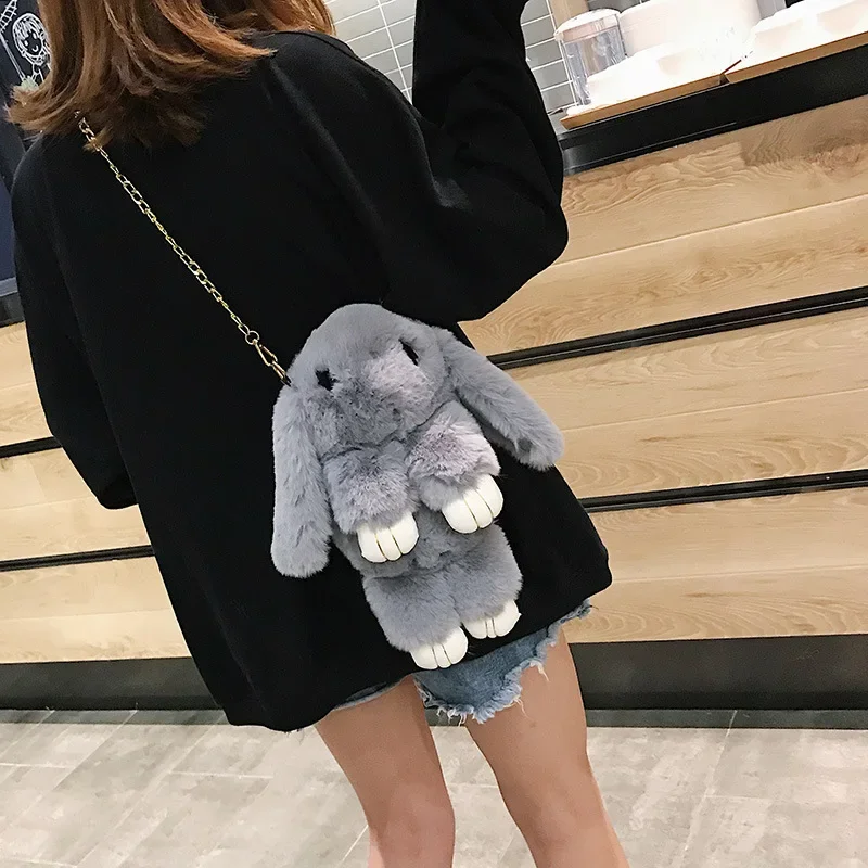 

Cute Plush Rabbit Fur Pompon Bunny Backpack Handbag Women Girls Fluffy Eyelash Rabbit Chains Messenger Bag Party Gift