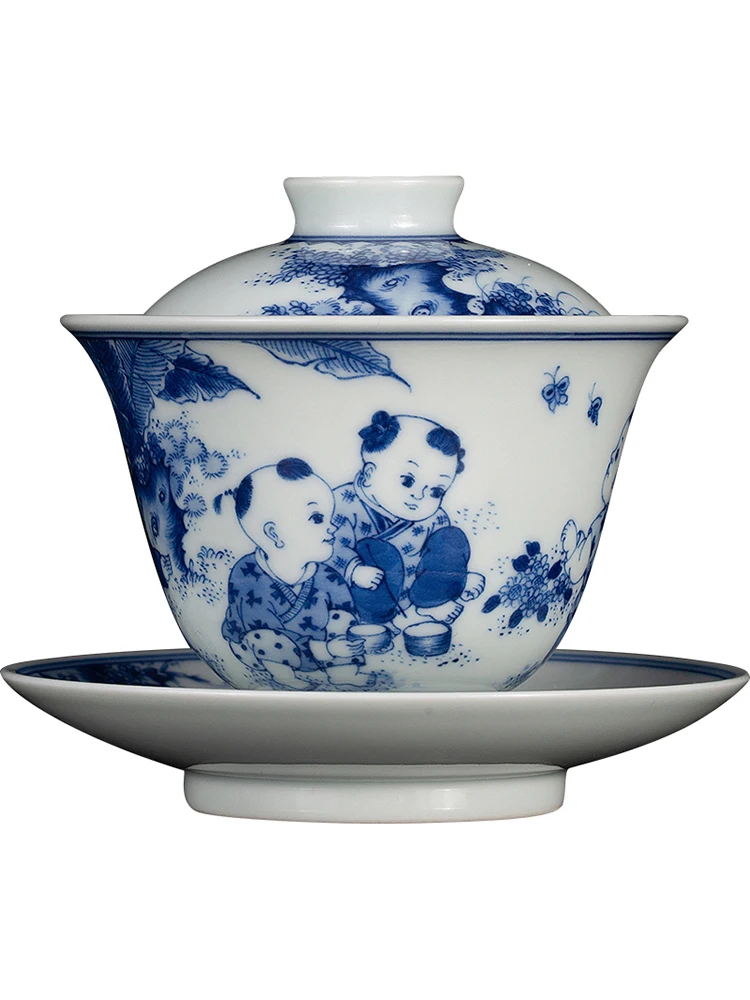 Zhongjia Lid Jingdezhen Chai Kiln Blue And White Hand Painted Figure Craftsman Boy Kung Fu Tea Bowl Sancai Cup