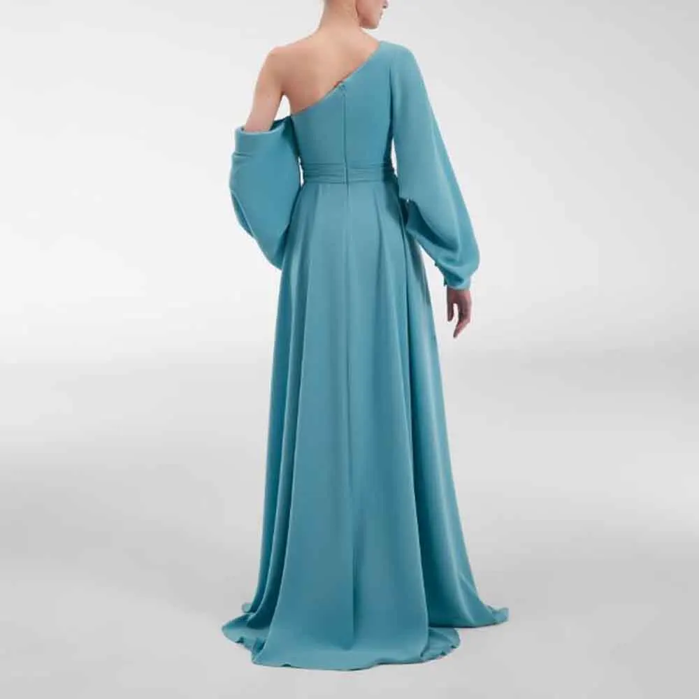 Robe de soirée personnalisée avec trou de serrure, asymétrique épaule dénudée, ligne A, avec plis sur le côté, robe en Satin fendue