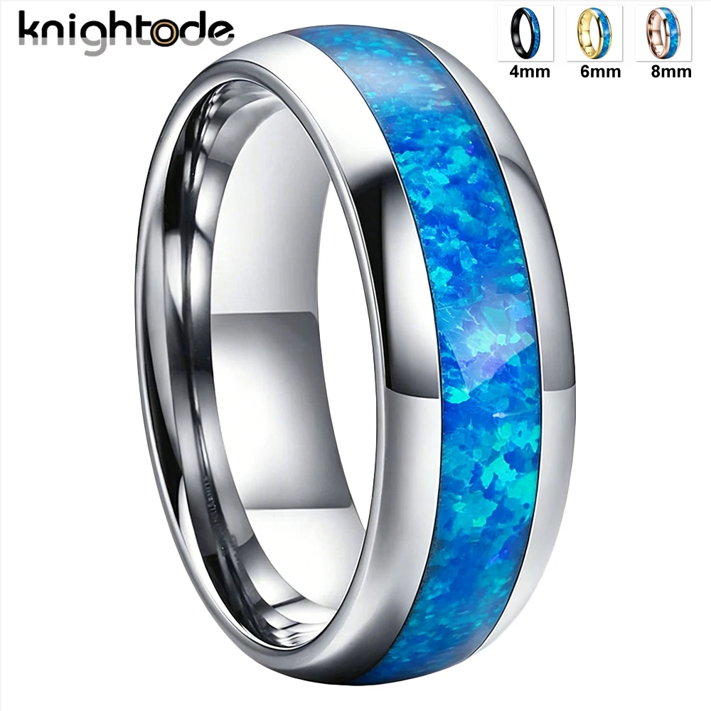 Bagues en carbure de tungstène poli miroir avec incrustation d'opale bleue 8mm 6mm 4mm, pour mariage et fiançailles, pour hommes et femmes, forme dôme, ajustement confortable