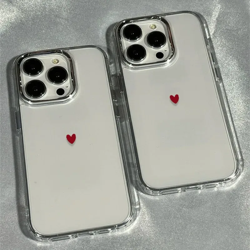 Minimalist Red Heart Frame Soft Phone Case For iPhone 11 12 13 14 15 16 17 Pro XR XS X 7 8 Plus SE2 Shockproof Transparent Cover