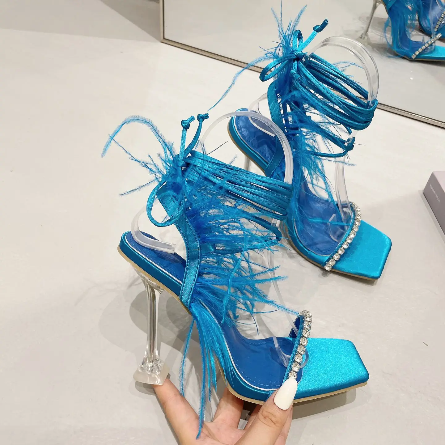 Roman Feather Rhinestone Square Toe High Heels Shoes Woman Summer Autumn Sweet Party Wedding Dress Sandals Woman view 5