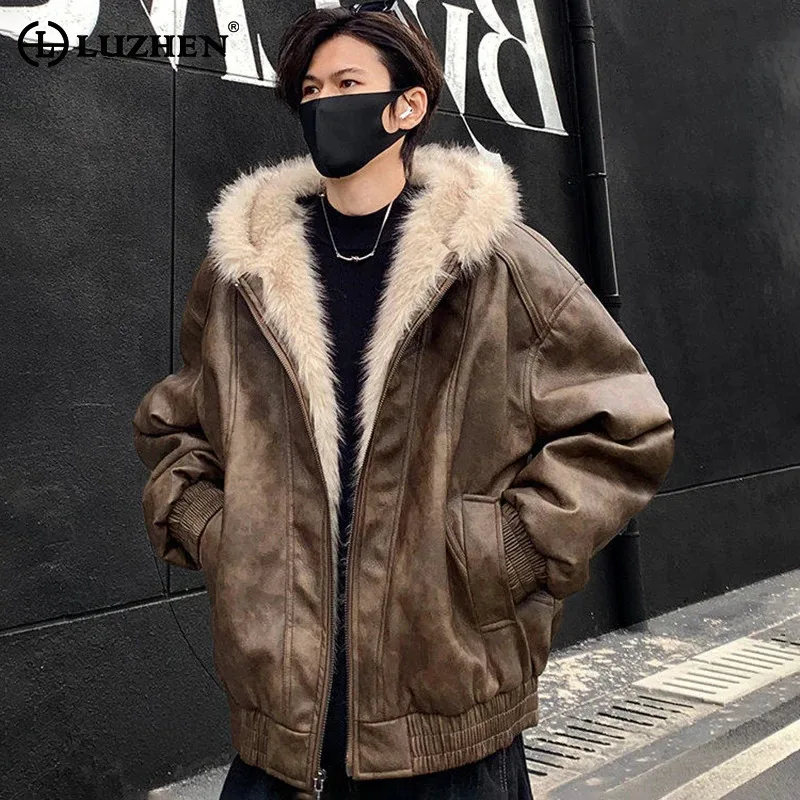 LUZHEN Padded Fur Hooded Collar Parkas Leather Men's Winter Jackets Vintage Casual Original Warm Stylish Male Streetwear JY4713