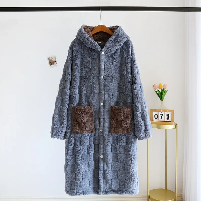 2024 Autumn/Winter New Couple Coral Fleece Nightgown Pajamas for Men and Women Long Thickened Flannel Hooded Home Fur