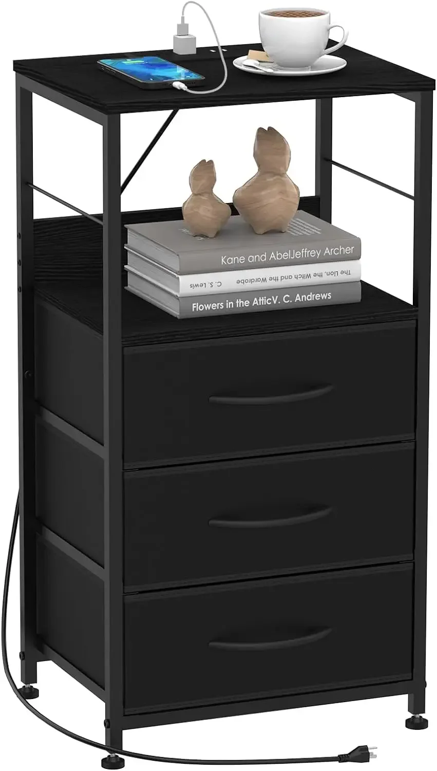 Tall Night Stand with Drawers, Black Nightstand with Charging Station End Table with USB Ports and Outlets Bedside Table