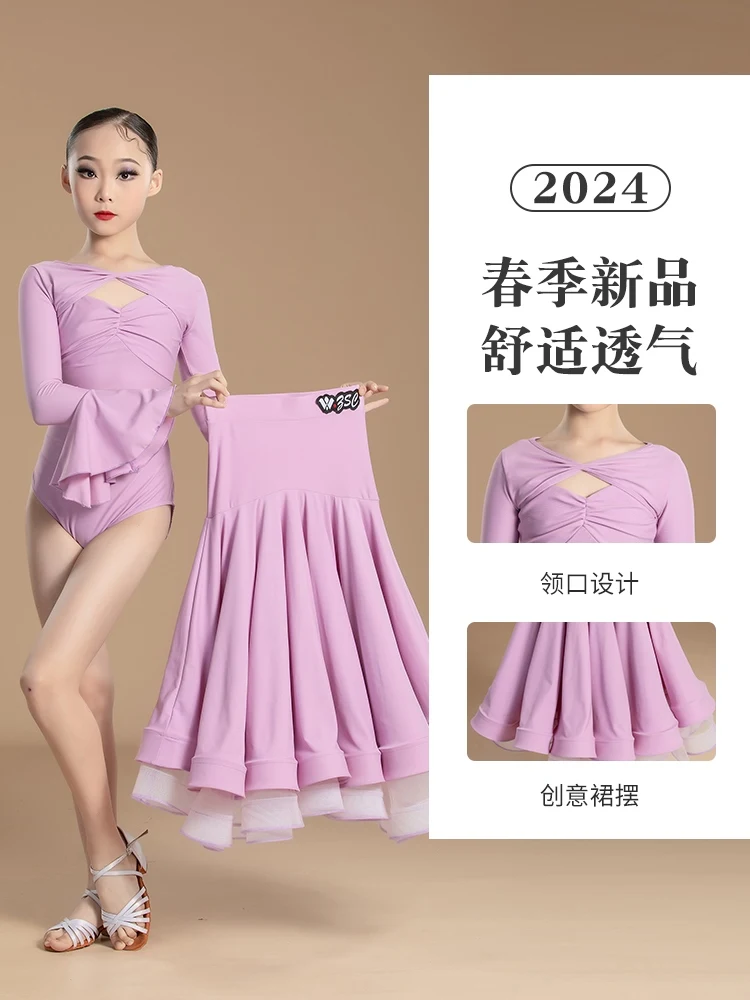 Ballroom Dance Competition Dress For Girls Chacha Rumba Tango Adult Pink Long Sleeved Split Skirts Suit Modern Dance Wear DN1771