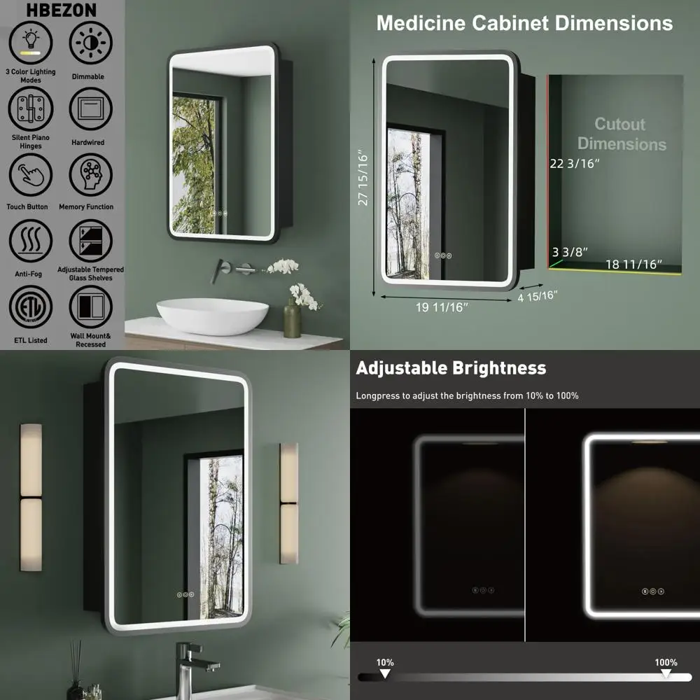 

Аптечка с зеркалом и подсветкой, 20 дюймов x 28 дюймов, прямоугольное настенное или встраиваемое крепление, место для хранения вещей