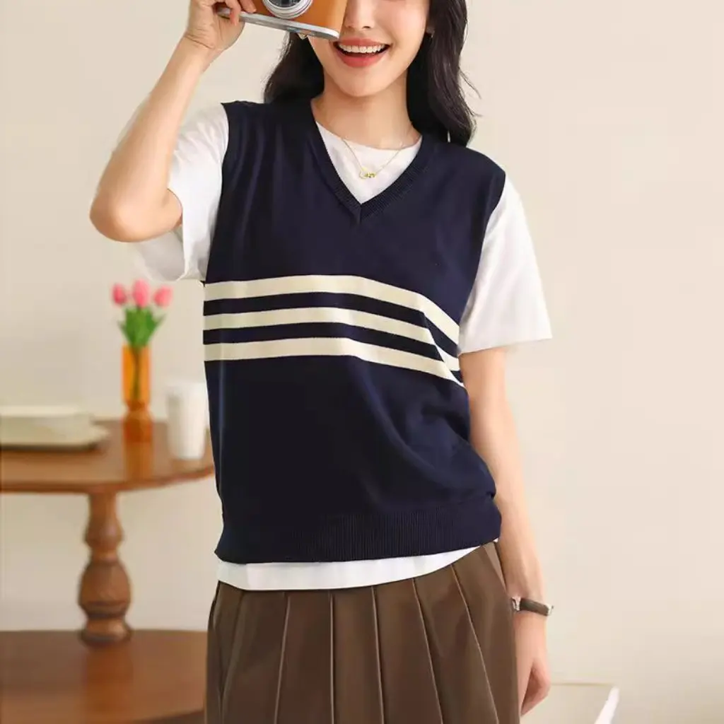 

Women's V-neck Sleeveless Striped Sweater Vest Pure Color Spring Summer New Casual All-match Base Layer Top
