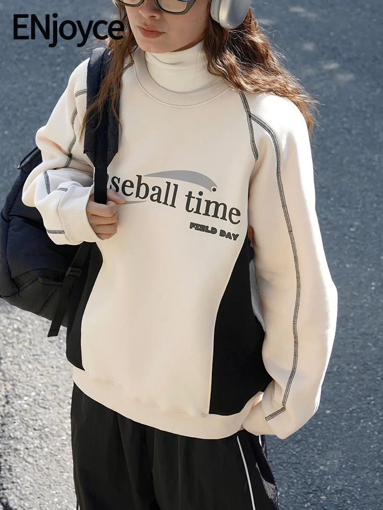 

ENjoyce 2023 Winter Women Sports Round Neck Letter Fleece Patchwork Sweatshirts Street Style Warm Loose Pullover Long Sleeve Top