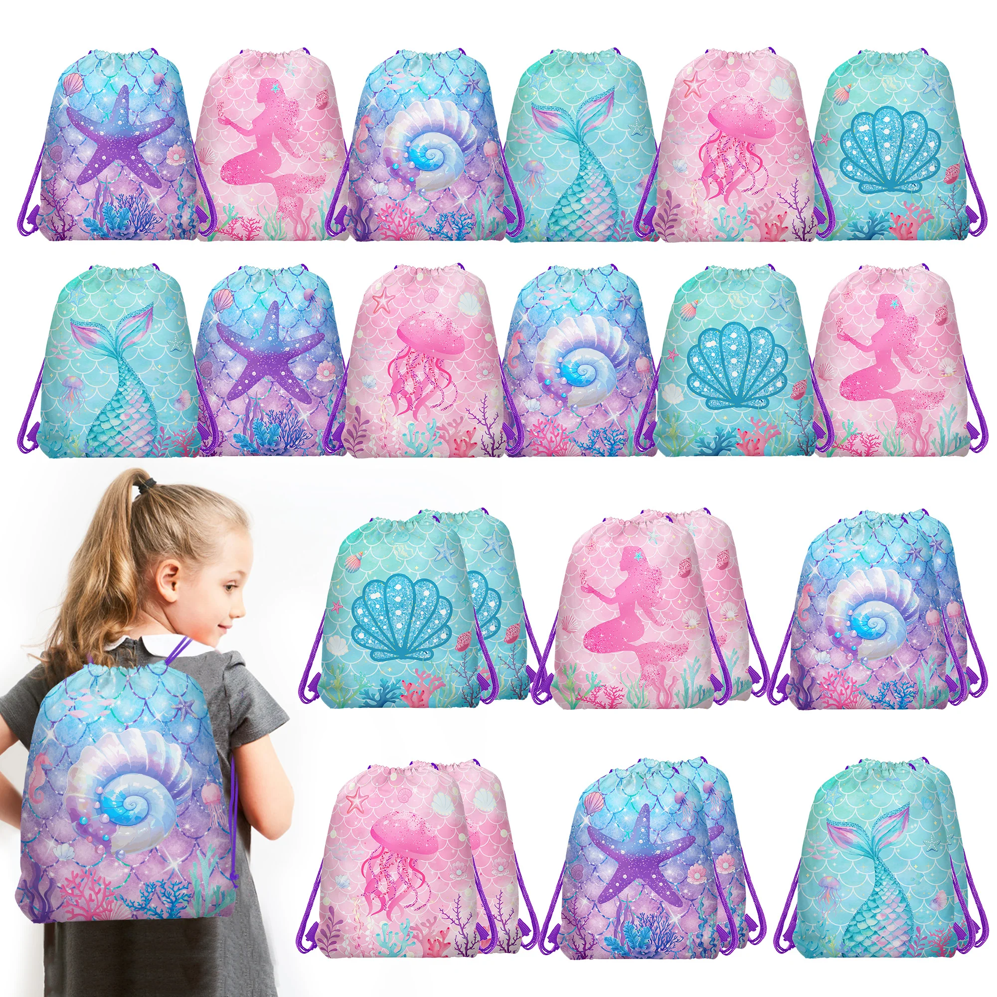 10 قطعة حورية البحر يونيكورن حالمة قزم التخييم في الهواء الطلق غير المنسوجة شنطة هدايا الرباط على ظهره الاطفال حفلة عيد ميلاد التعبئة أكياس التخزين #4