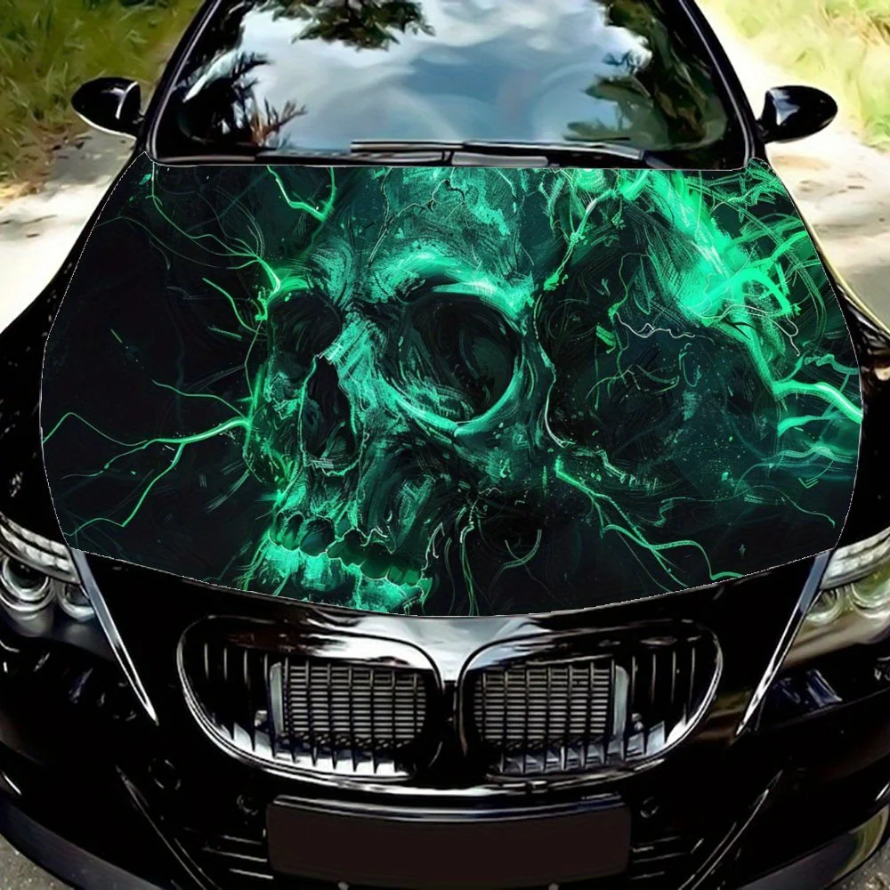 Green Skull with Surging Current Car Hood Decal,Self-Adhesive PVC Hood Decor Scratch Resistant Sticker Protect,Auto Accessories
