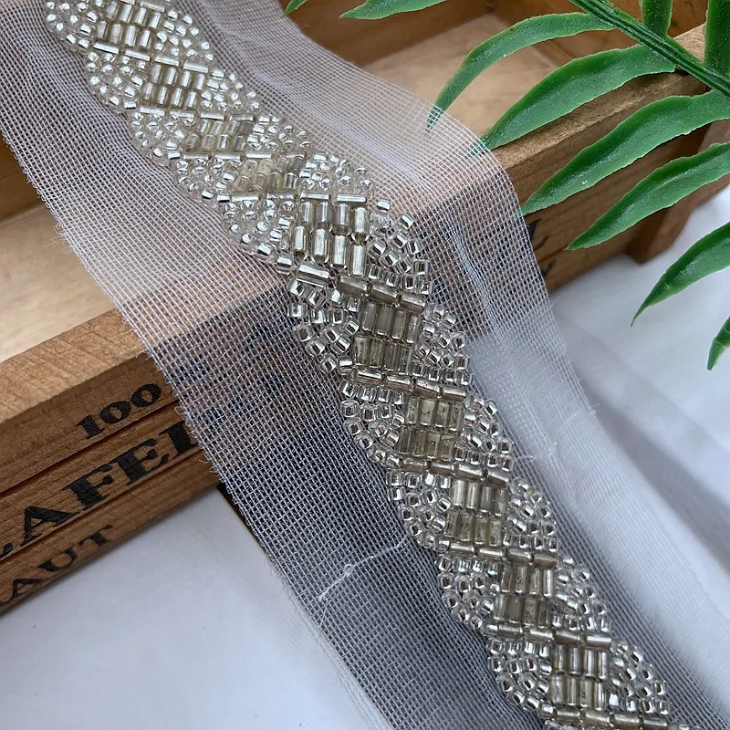 90cm Long White Gold Pearl Beaded Lace Fabric Embroidered Lace Ribbon Trim Beaded Sewing Material Clothing Accessories Wedding