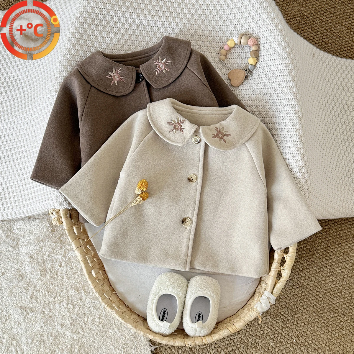2026 New Baby Woolen Fabric Coat Cute Sun Embroidery Collar Warm Beige/Camel Outerwear Infant Toddler Autumn Winter Jacket