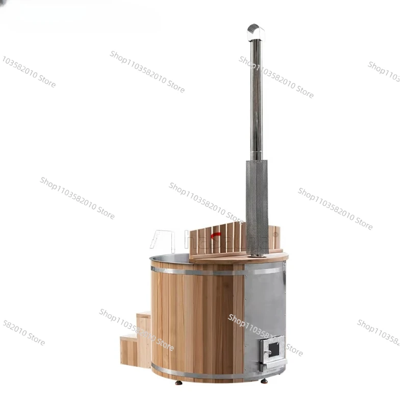 4-Person Outdoor Round Spa Hot Tub Traditional Red Cedar Firing Portable Jacuzzi for Soaking in the Villa or Indoors