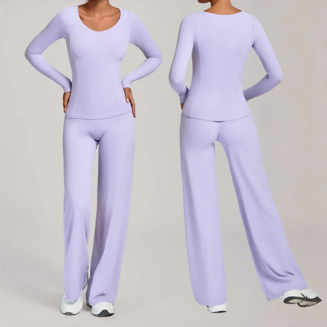 

Women's Naked Tight Yoga Set Sports Fitness Long-sleeved T-shirt Straight-leg Pants Suit Running Workout Clothes Gym Sportswear