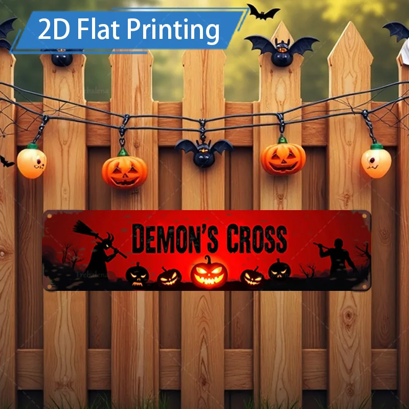1 قطعة 8x12 بوصة علامة معدنية هالوين شيطان الصليب تسجيل مع القرع والخفافيش للديكور مخيف #1