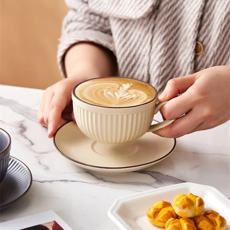 European Retro Style Ceramic Mugs Pumpkin Striped Coffe Cup with Saucer Afternoon Tea Cup Espresso Latte Mug Kitchen Water Cup