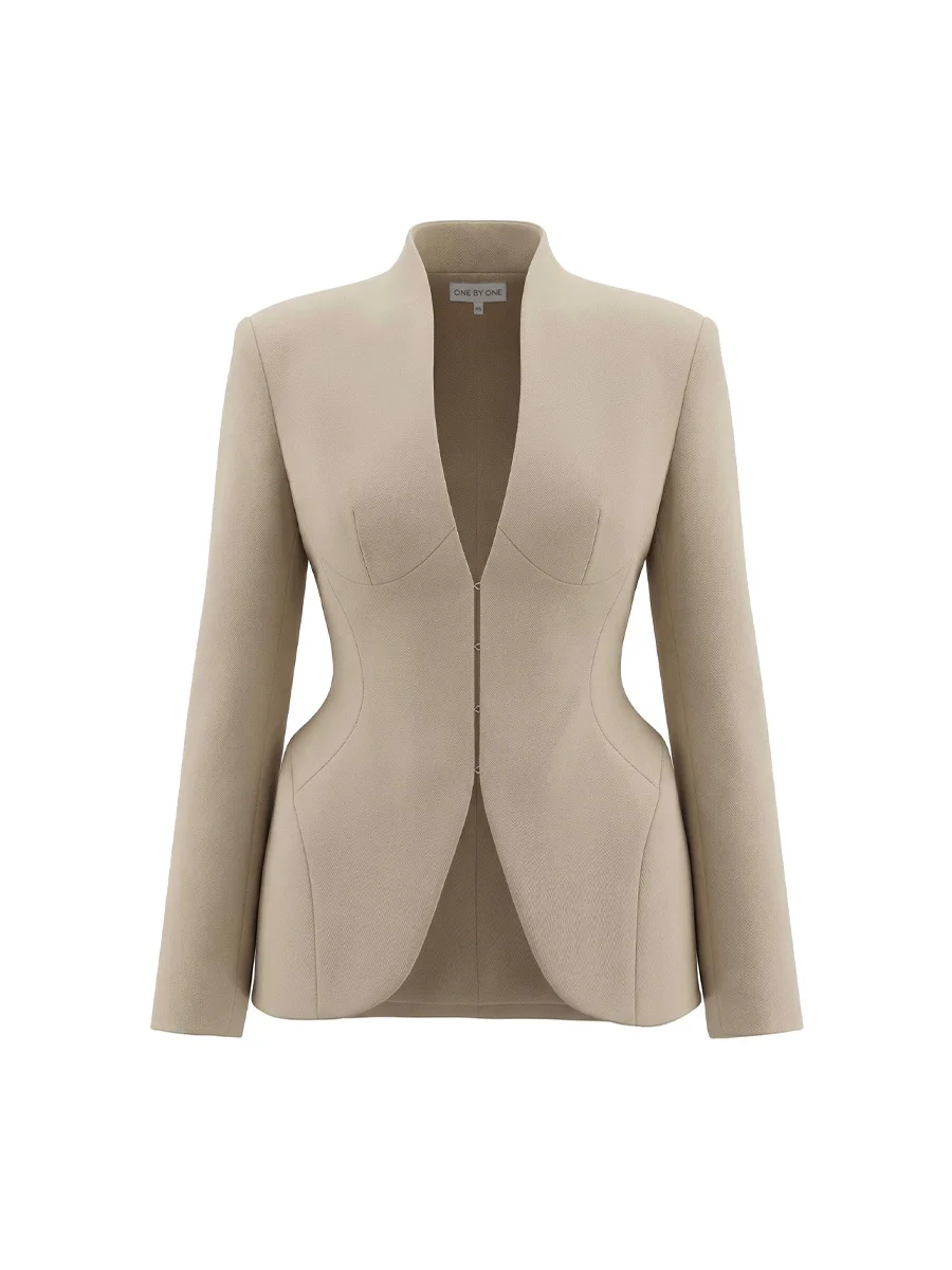 IG Women Beige Stand Collar Blazer Jacket Deep V Waist Cinched Tailored Suit Coat Hidden Hook Closure Long Sleeve Elegant