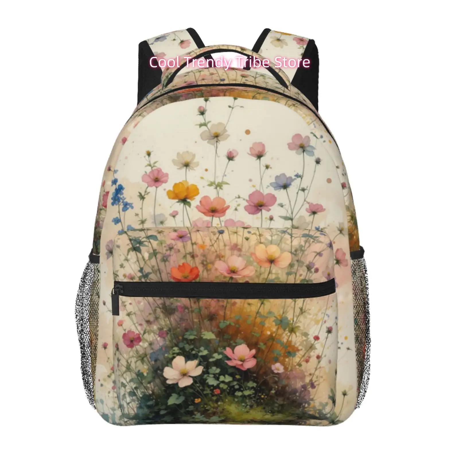 Vintage Wildflower Meadow Print Backpack - High Quality Oxford Cloth Bookbag with Adjustable Straps & Zipper Closure, Lightweigh