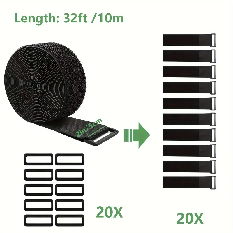 أشرطة كابل شديدة التحمل مع أبازيم خطاف أسود وأشرطة حلقة أربطة كابل قابلة لإعادة الاستخدام للمنظم أو التخزين بعرض 5 سم #2