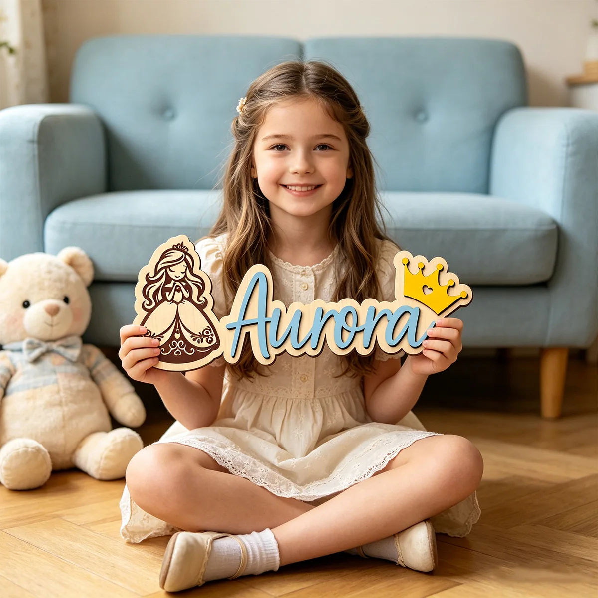 1pc wooden surname nameplate for children's room, custom content, cute cartoon princess pattern, multi scene decoration gift view 3