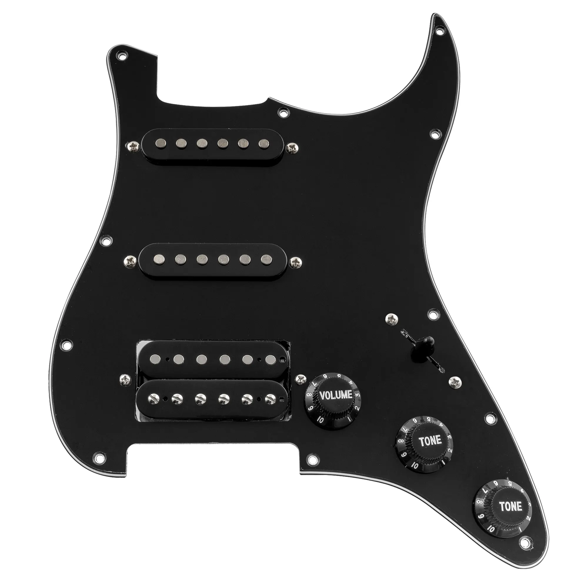 

Musiclily Basic Pre-wired Loaded Standard ST-HSS Pickguard with Alnico 5 Magnet Pickup Set for Strat Electric Guitar, 3Ply Black