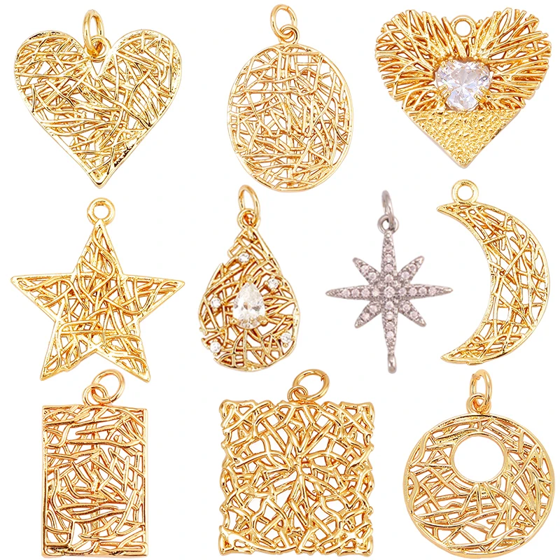 Oval Dount Star Moon Hand Metal Wire Weaving Style Charm Pandent Attachment in Gold Colour, Jewelry Necklace Bracelet Making K74