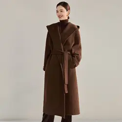 High-end Fashion Cashmere Woolen Coat Women Long Hooded Solid Color Elegant Hoodie Wool Overcoat Lace-up 15485