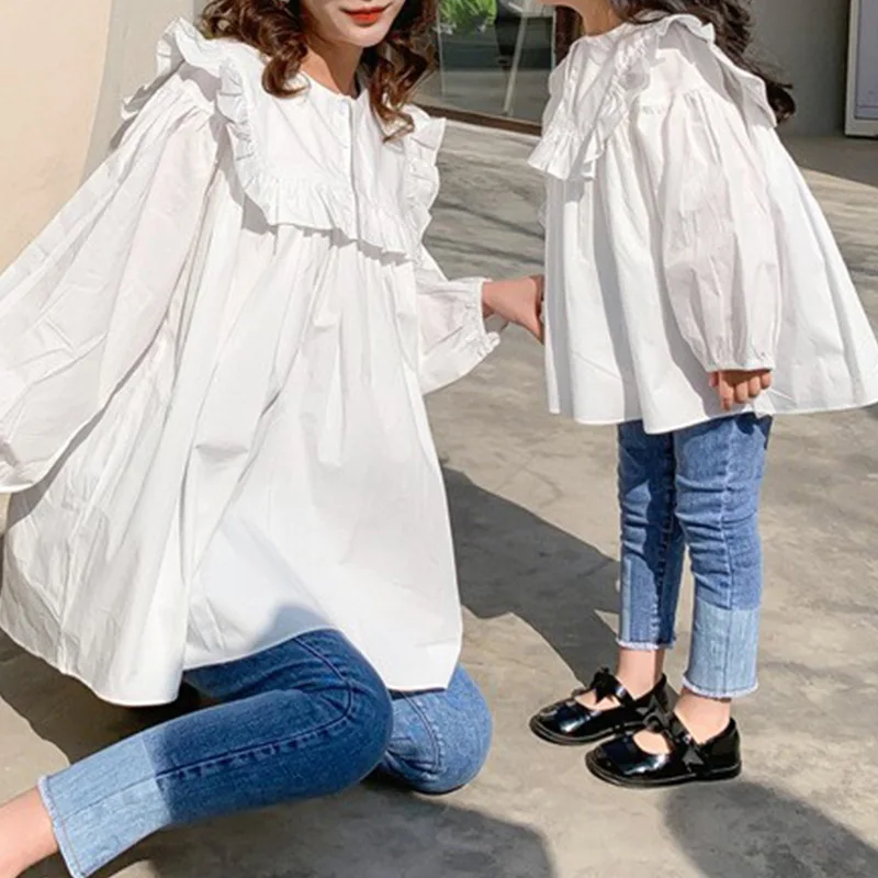 

2021 Korean autumn new parent-child dress top fashionable foreign style loose Ruffle women's long sleeve baby shirt