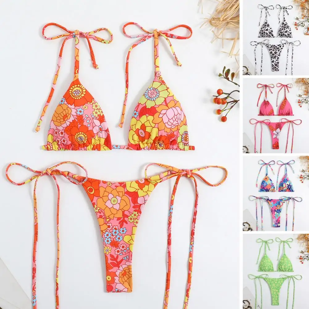 

Women Bikini Set Flower Print Lace Up Spaghetti Strap Three Point Fabric Lady Swimwear Set Biquini Micro Bikini Swimming Suit